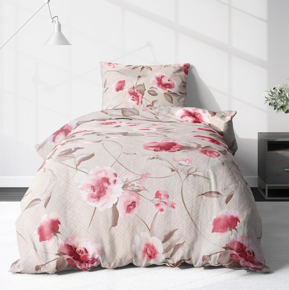 LINKHOFF Bettwäsche Blumen Bettwäsche 135x200 - Creme, Flanell Biber Bettwäsche mit Reißverschluss Bild 1