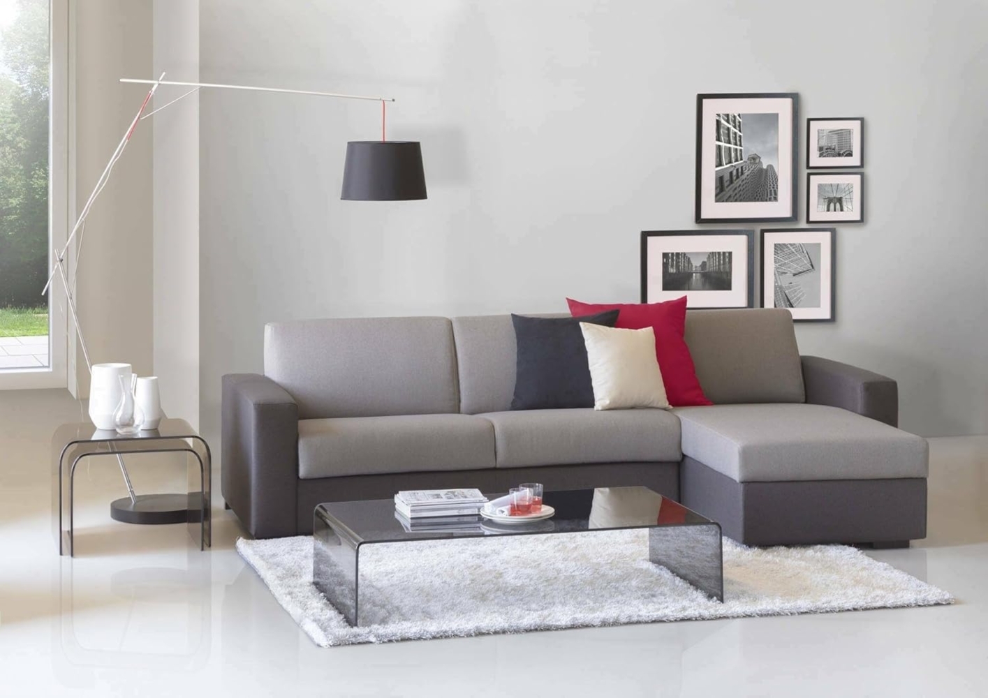 Talamo Italia - Sofa mit Halbinsel Nicoletta, umkehrbares Container-Halbinselsofa, Standardarmlehnen, 100 % Made in Italy, 280 x 95 x 90 cm, Grau und Anthrazit Bild 1