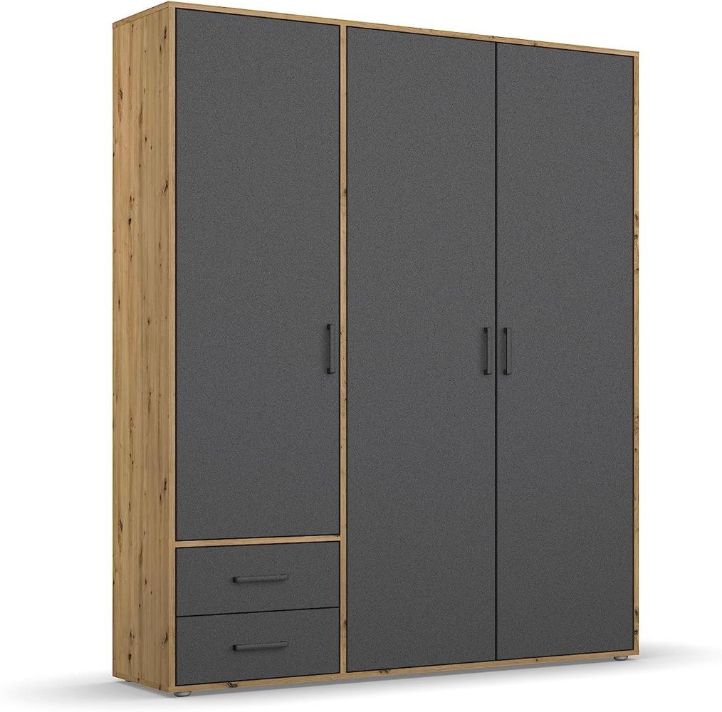 rauch Kleiderschrank; Drehtürenschrank VOYAGER, 3-türig, 2 Schubkästen, Graumetallic/Eiche Artisan, 140x194x53xcm Bild 1