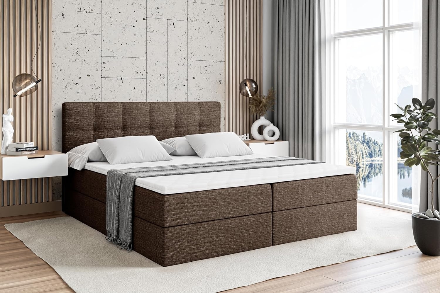 ALTDECOR Boxspringbett mit H3-Matratze (20 cm hoch) mit Bonellfederung + PUR, Topper (4 cm hoch), Polsterbett mit Kopfteil und Bettkasten 180x200 - Braun Inari 24 Bild 1