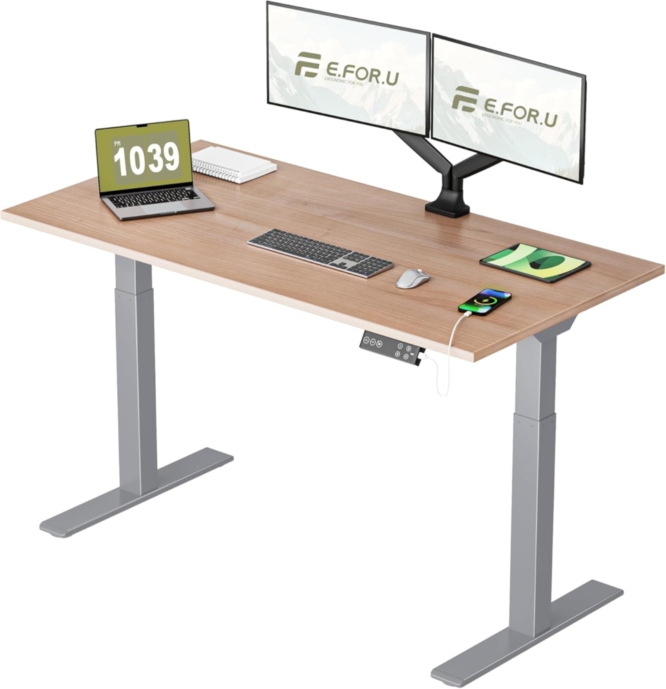 E.For.U® Höhenverstellbarer Schreibtisch 160x80 cm, 2 Motoren, Stabiler Schreibtisch Höhenverstellbar Elektrisch mit 2-Fach-Teleskop, 4 Memory-Steuerung, mit Tischplatte (Silber + Nussbaum) Bild 1