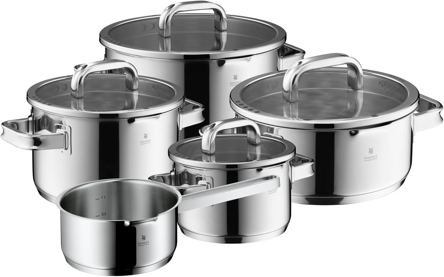 WMF Topf-Set Function 4 Advanced, Cromargan® Edelstahl rostfrei 18/10 (Vorteils-Set, 1xBratentopf mit Deckel, 3xFleischtopf mit Deckel, 1x Stielkasserolle), Glasdeckel mit 4 Abgießfunktionen Bild 1