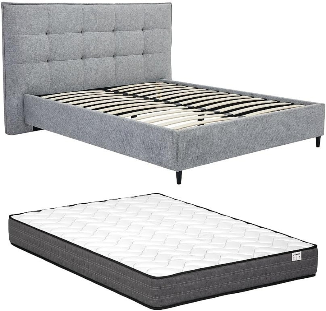 Vente-unique - Bett mit gestepptem Kopfteil + Matratze - 180 x 200 cm - Stoff - Grau - NIRPIO Bild 1