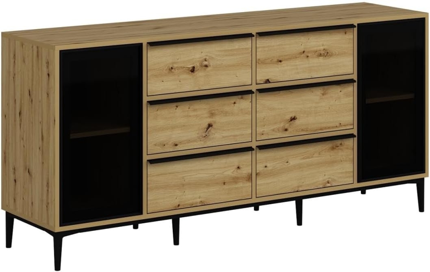 Vente-unique - Sideboard mit 2 Türen aus Sicherheitsglas & 6 Schubladen - Holzfarben & Schwarz - MOLINIA Bild 1