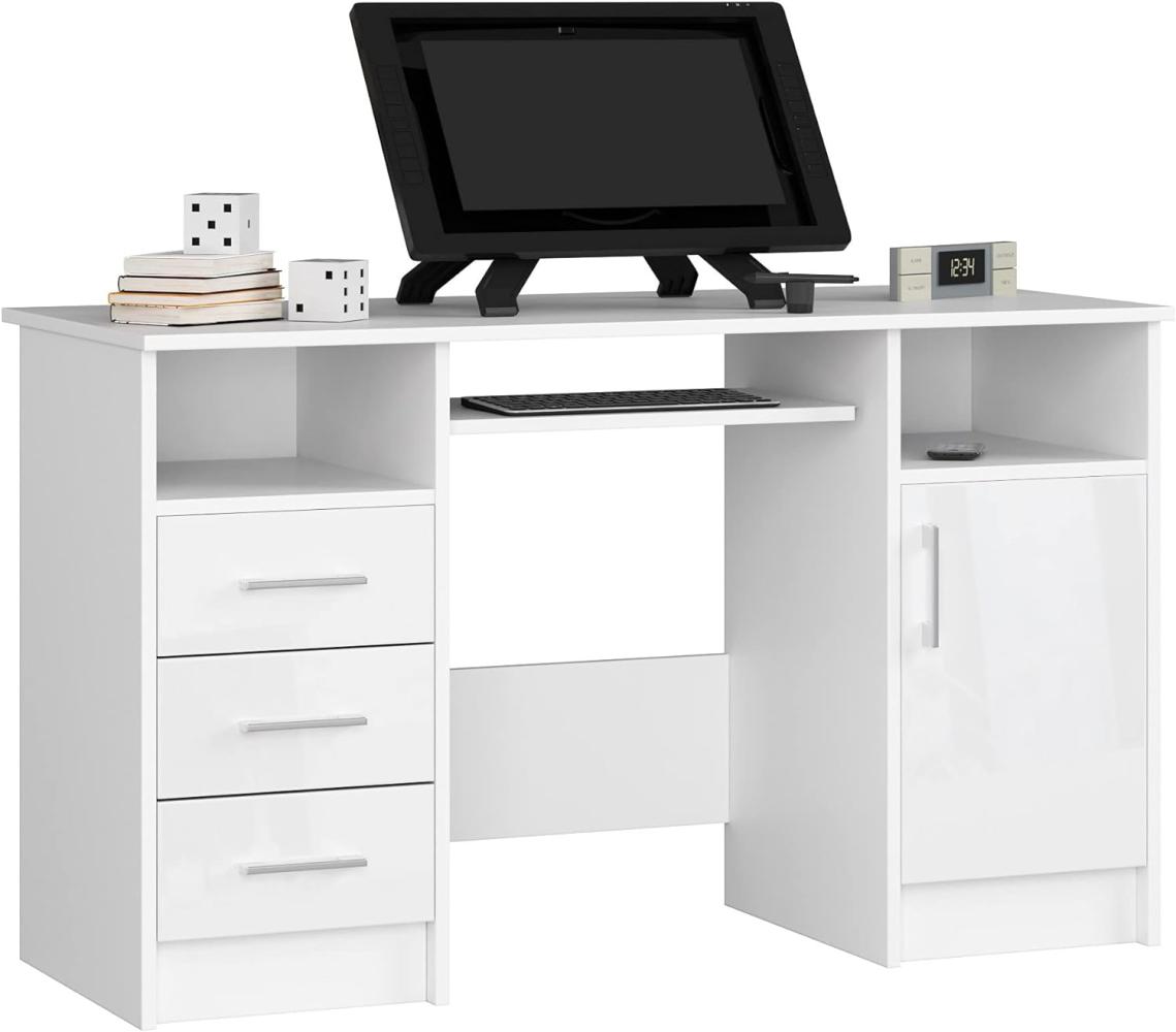 PC-Schreibtisch Ana mit Tastaturablage | Office Desk | Computertisch | Bürotisch | 3 Schubladen, 1 Ablagefach mit Tür, 2 offene Ablagefächer, B124 x H74 x T52 cm, 45 kg | Weiß/Weiß Glänzend Bild 1