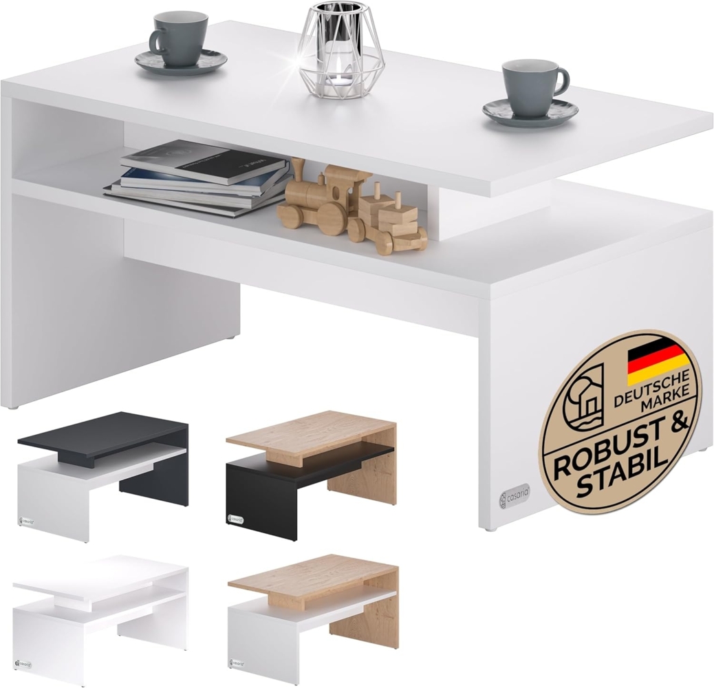 Casaria Couchtisch Sacramento, Holz Weiß mit Stauraum 95x55x50cm 2 Ablagen Matt Modern Eckig Bild 1