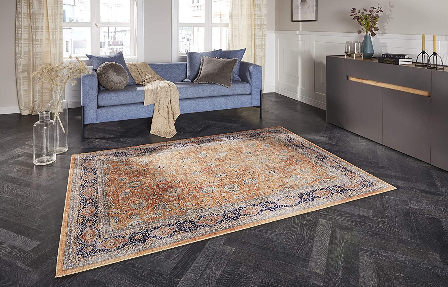 Kurzflor Teppich Keshan Maschad Goldgelb 80x150 cm Bild 1