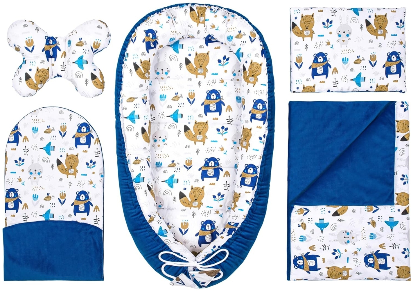 PEPI - 5 teilig Babynestchen Set - Babynest 95x50 - Babydecke - Matratze - Kopfkissen - Kissen - 100% Baumwolle uns Samt - Baby Erstausstattung Neugeborene - (Velvet, blue bear) Bild 1