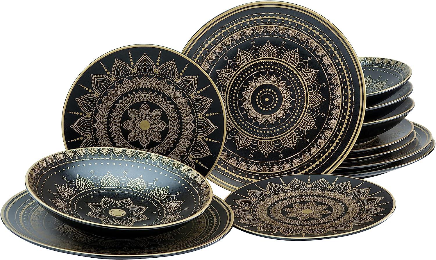 CreaTable 23588 Tafelservice Mandala für 4 Personen, Steinzeug, schwarz/gold (1 Set, 12-teilig) Bild 1