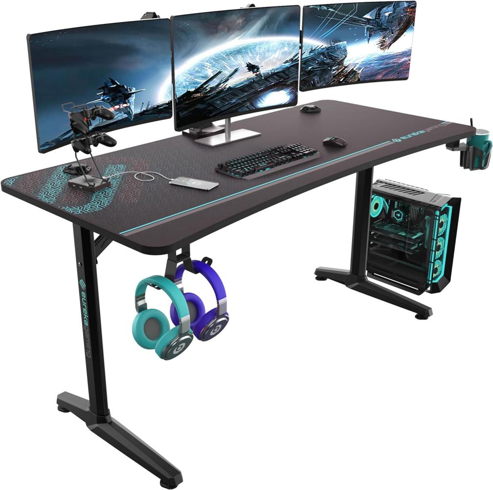 EUREKA ERGONOMIC Gaming Tisch Groß Gaming Schreibtisch 152 × 70cm Gamer Tisch mit Getränkehalter und Kopfhörerhalter USB-Ladegerät Schwarz Bild 1