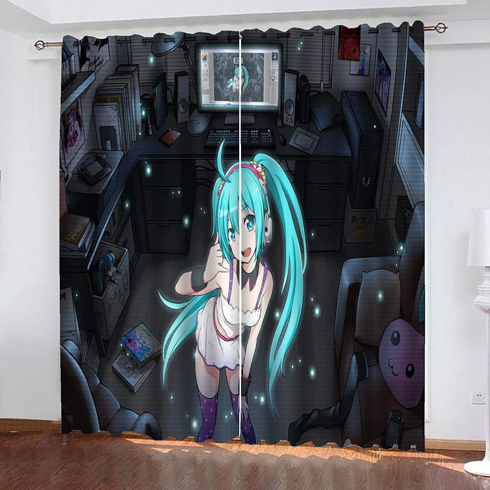 Fgolphd Verdunkelungsvorhang-Set 3D-Druck Anime Cartoons Hatsune Miku Vorhänge Für Kinderzimmer Schiebegardine Blickdicht Für Dekoration Wohnzimmer Esszimmer (150×166(BxH),16) Bild 1