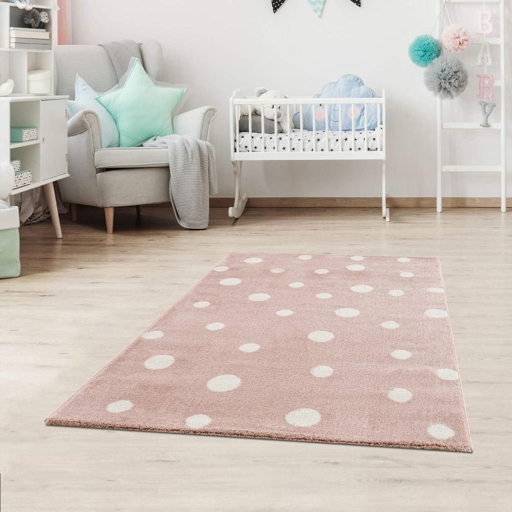 Jimri Kinderteppich DOTS l Pünktchen Gepunktet l Öko-Tex Siegel | Farbe: Beige Blau Rosa | Kinderzimmer/Jugendzimmer Bild 1