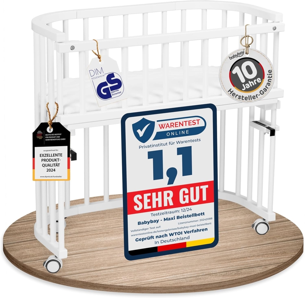 babybay Maxi extra großes Beistellbett aus massivem Buchenholz/Kinderbett Höhe stufenlos verstellbar & umweltfreundlich/mit Matratze, Gitter, Rollen (weiß lackiert) Bild 1