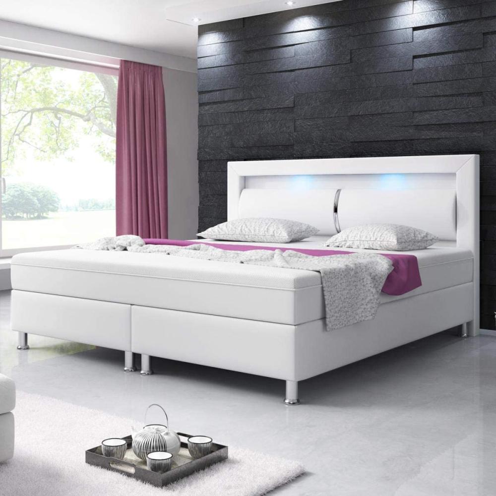 Inter 'Milano Plus' Boxspringbett mit Bettkasten, Matratze & Topper, LED-Beleuchtung, Kunstleder weiss, 180x200 cm Bild 1