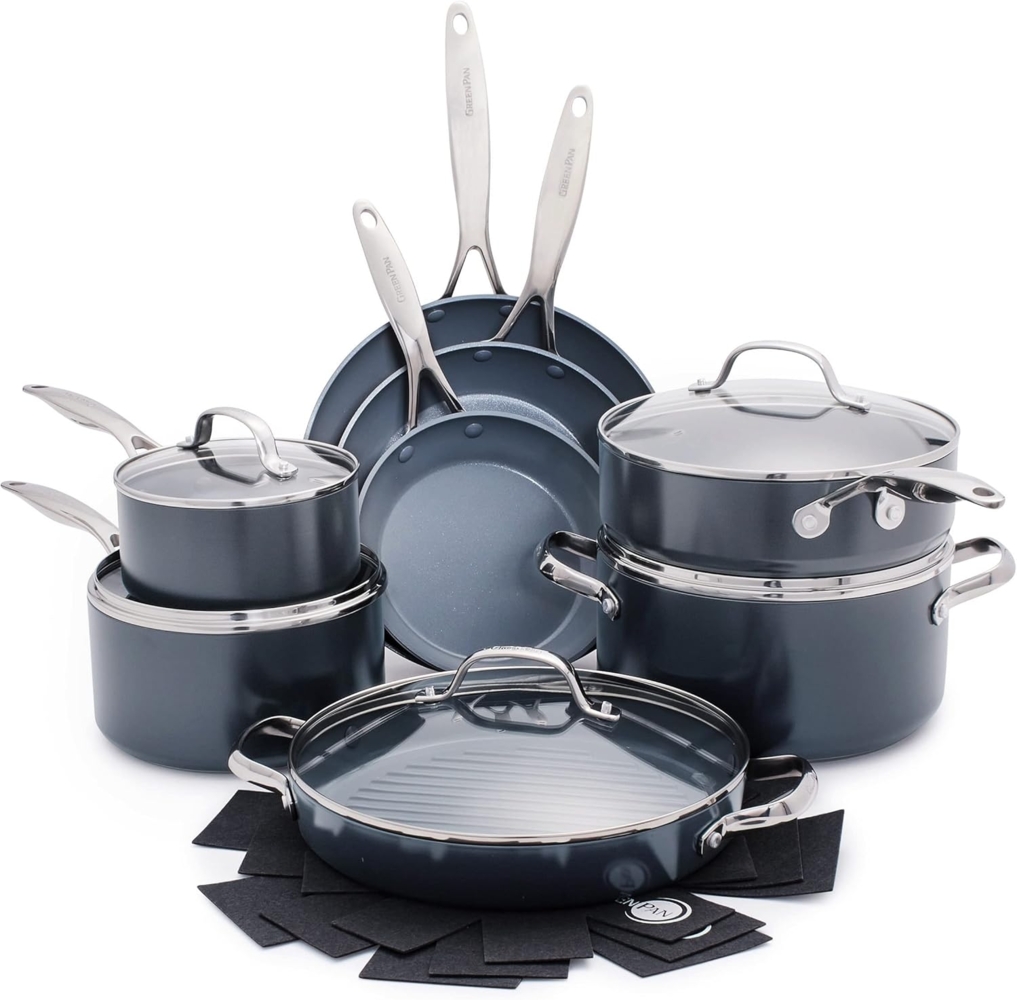 GreenPan Valencia Pro Harteloxiertes, gesundes, keramisches Non-Stick 16-teiliges Topf- und Pfannenset, Kochgeschirrset, PFAS-frei, Induktion, spülmaschinenfest, backofenfest, grau Bild 1