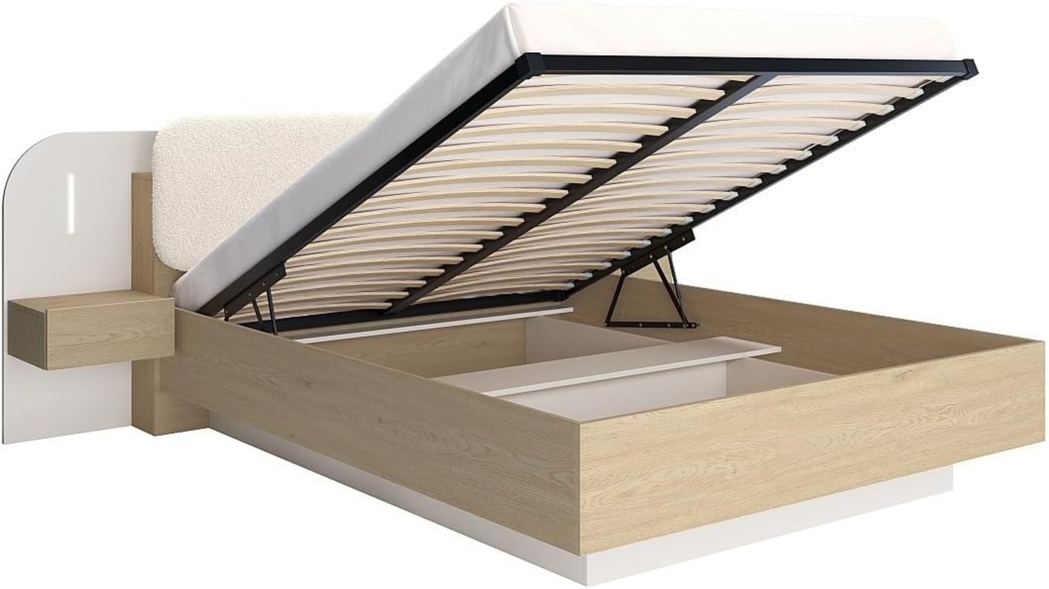 Vente-unique - Stauraumbett mit Nachttischen 160 x 200 cm - Mit LEDs - Beige und Naturholz - LYORIMA Bild 1