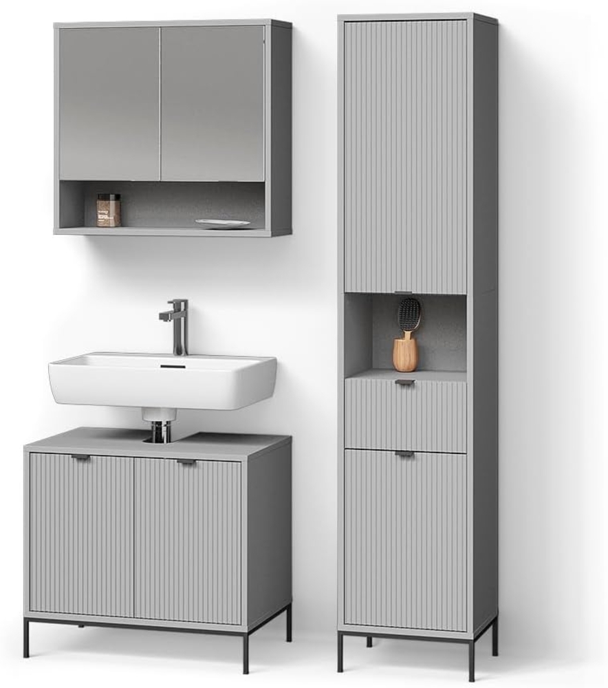 Livinity® Badmöbel-Set ATERNO, Grau, 3 Teile, mit Hochschrank Bild 1