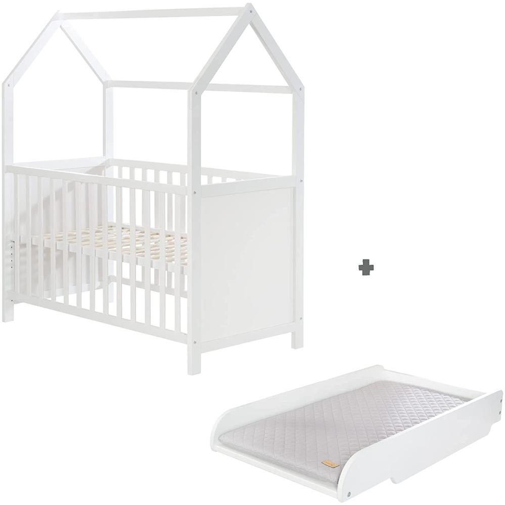 roba Hausbett 60 x 120 cm FSC zertifiziert,incl. passender Wickelplatte zum Aufsetzen, Baby- & Beistellbett in Hausoptik, weiß, 6-fach verstellbar Bild 1