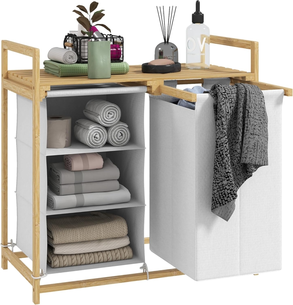 HOMCOM Wäschekorb mit 2 ausziehbaren & abnehmbaren Wäschesäcken aus Vliesstoff, Ablage (4 Fächer Wäschesammler, 1 St, Wäschebox mit Griff), Wäschesortierer 70 x 36 x 70 cm Bambus Weiß Bild 1