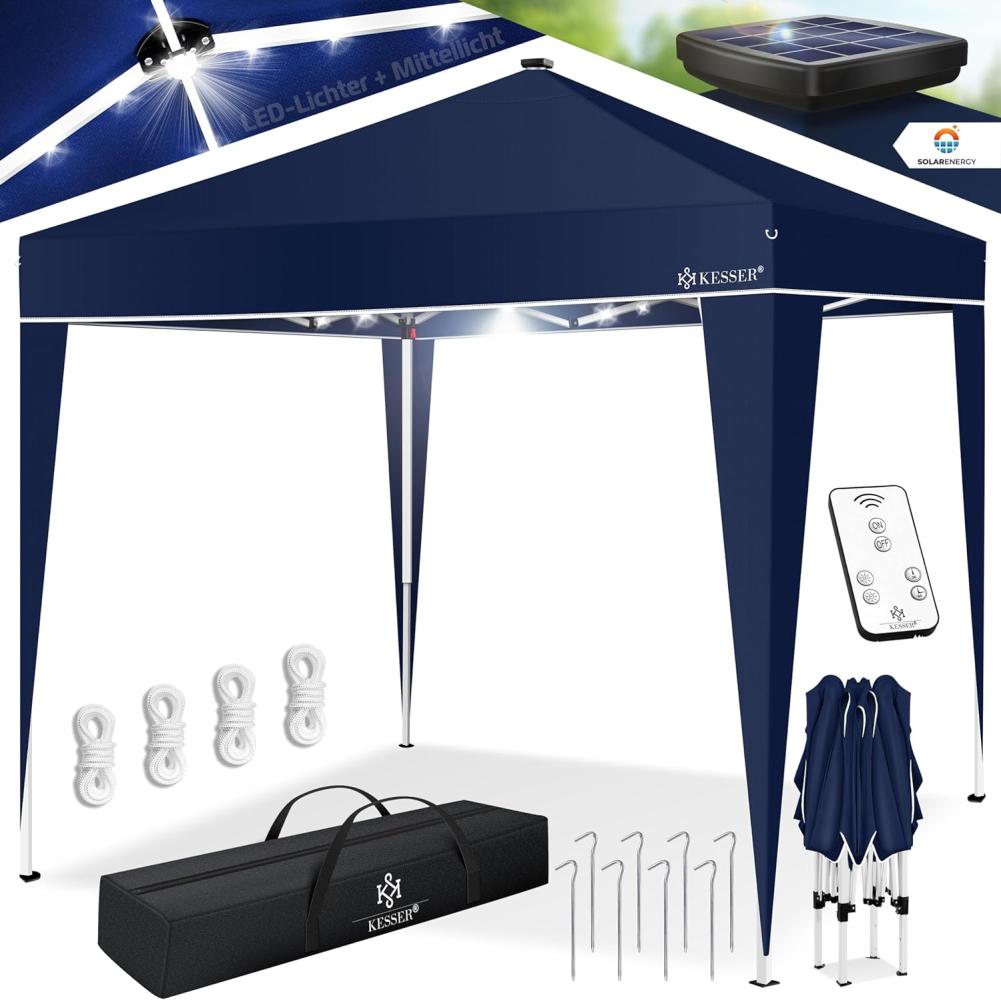 KESSER® Pavillon Faltpavillon 3x3m mit LED Beleuchtung Solar Fernbedienung | Gartenzelt Höhenverstellbar & Wasserdicht + Tasche Bodenanker | Pop-Up Klicksystem UV-Schutz 50+ Partyzelt Navyblau Bild 1