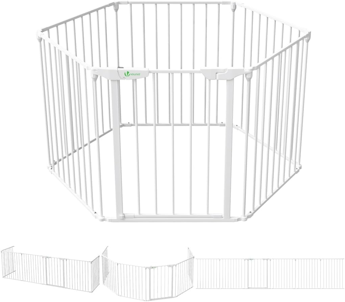 VOUNOT Kaminschutzgitter Freistehend mit Tür, 375cm inkl. 6 Elementen, Ofenschutzgitter Metall für Kinder, Kamingitter Ofengitter Kinderschutz, Laufgitter Laufstall Absperrgitter Baby, Weiß Bild 1