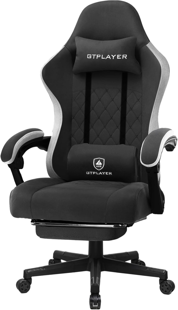 GTPLAYER Gaming Stuhl Ergonomischer Gaming Sessel Schreibtischstuhl mit Stoffoberfläche, Federsitzkissen, Verbindungsarmlehnen und Fußstütze schwarz Bild 1
