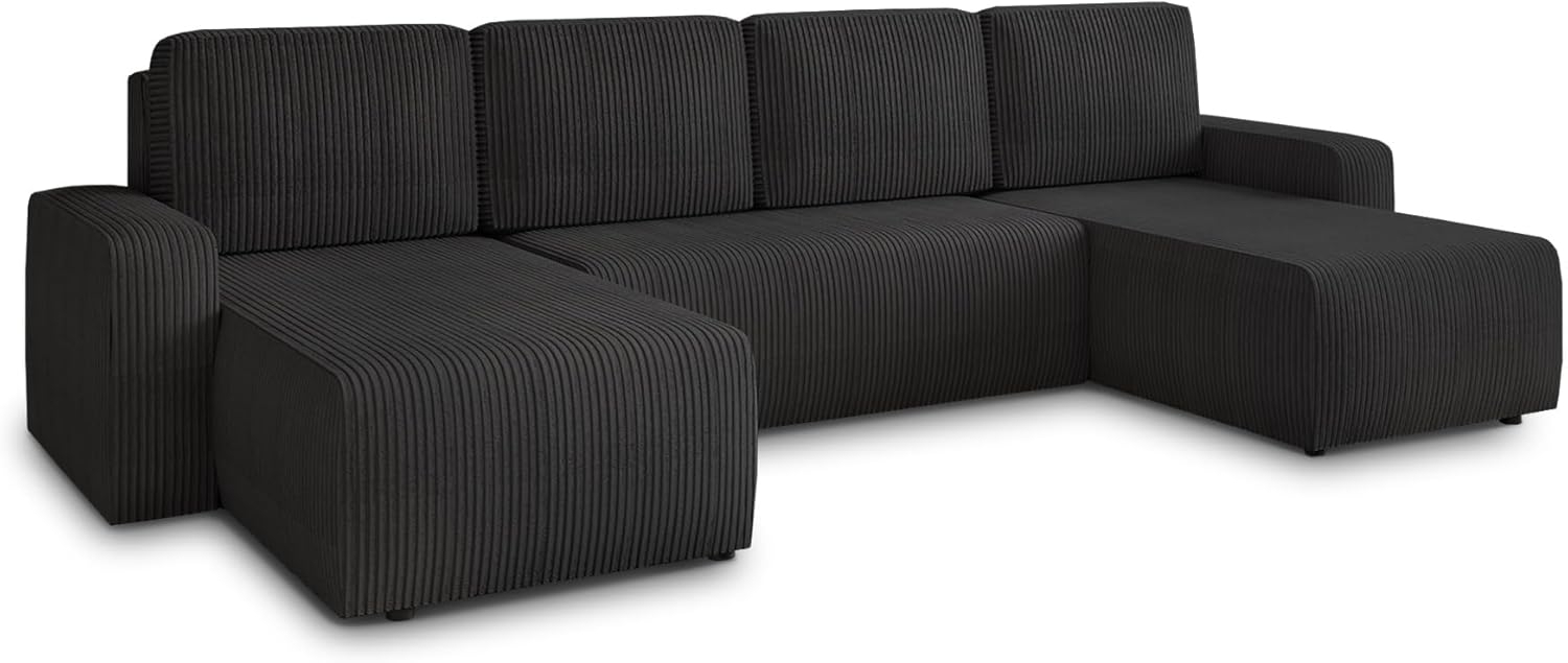 Wohnlandschaft mit Schlaffunktion Roma - U-Form Couch, Schlafsofa mit Bettkasten, Couchgranitur mit Bettfunktion, Big Sofa, Cord Stoff (Schwarz (Poso 135)) Bild 1