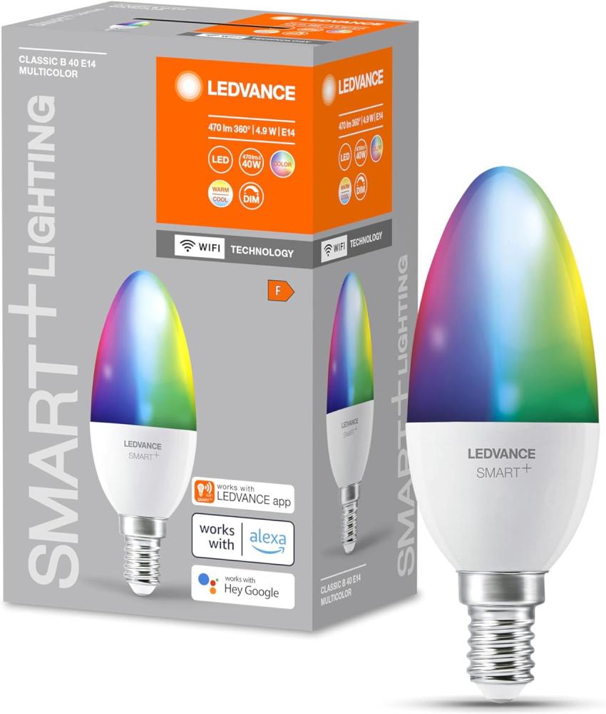 LEDVANCE E14 LED Lampe Wifi, Kerzenform Leuchtmittel mit 4,9 W (470Lumen) ersetzt 40 W Glühbirne, dimmbar, RGBW Lichtfarbe (2700-6500K), kompatibel mit Alexa, google oder App, Lampen im 1er-Pack Bild 1