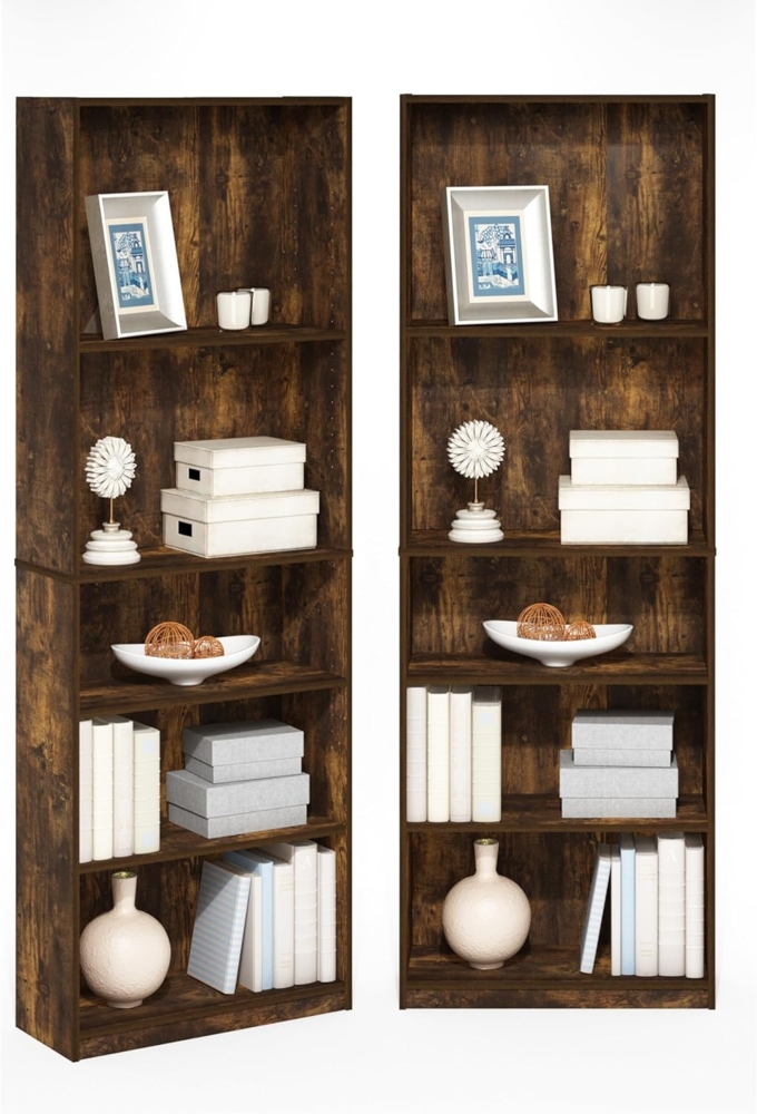 Furinno Jaya Bücherregal 2er-Set, 5-stufiges Bücherregal, mit verstellbarem Einlegeboden, 24.13 x 62.23 x 180.34 cm, für Homeoffice, Wohnzimmer, Bernstein-Kiefer Bild 1