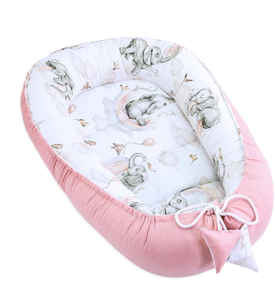 Babynest Kokon Neugeborene 90 x 50 cm - Handmade Kuschelnest Baby Nestchen aus Baumwolle Elefant Schmutziges Rosa Bild 1