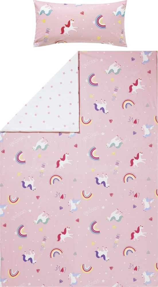 Erwin Müller Kinderbettwäsche Kinder-Wendebettwäsche, Biber, Feinbiber Motiv: Einhorn, Regenbogen, Herz Bild 1