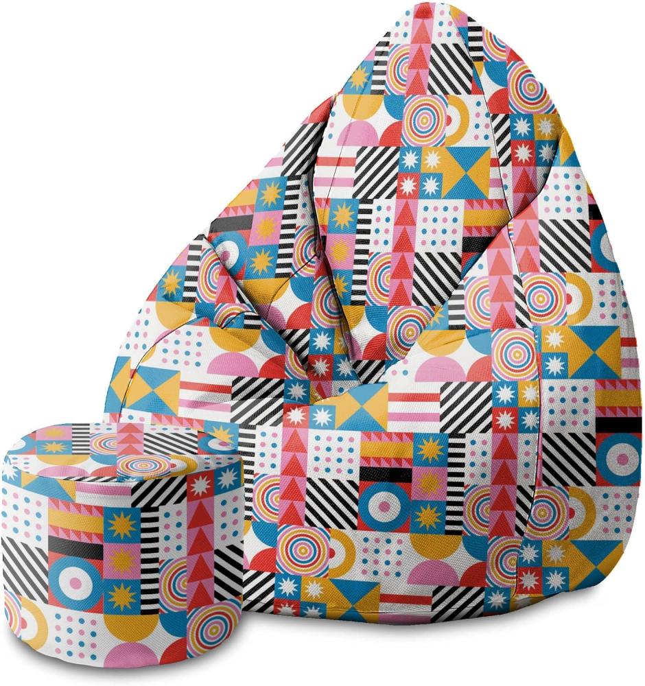 DreamRoots Bean Bag 80x80x120cm - Sitzsack mit Lehne und Hocker und Bezug - mit Füllung, Geometric Mosaic Bild 1