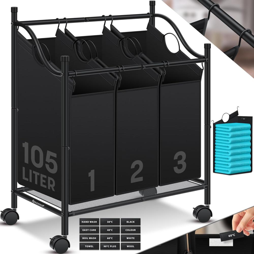 KESSER® Wäschekorb Wäschesammler Wäschesortierer mit abnehmbaren Stofftaschen | Wäschebox mit 12 Waschhinweisen 360° Rollen mit Bremse Wäsche-Sortiersystem Wäschewagen Schwarz, 3 Fächer Bild 1