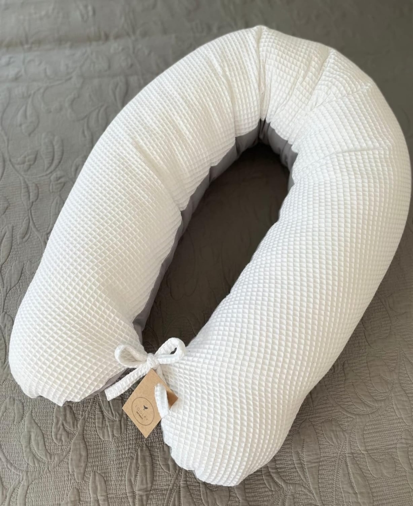 Loolay Stillkissen Attmungsaktive WAFFELPIQUE + GLATT Baumwolle XXL Stillkissen 170 cm, 1A Qualitat Europäische Stoffe unf Kleinserien-Nähen, LOOLAY® Stillkissen + Bezug, WEICH Schwangerschaftskissen Seitenschläferkissen WEIß. GRAU, GRÜN Bild 1