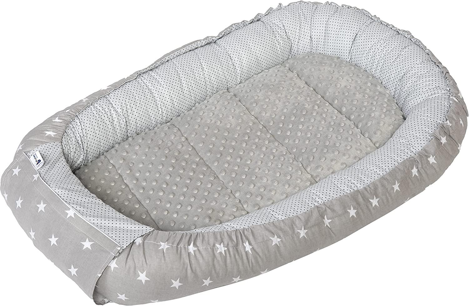 Medi Partners Babynest Kuschelnest Babynestchen 100% Baumwolle Nestchen Reisebett für Babys Säuglinge 100 x 60 x 15 cm herausnehmbarer Einsatz (graue Sternen mit graue Minky) Bild 1