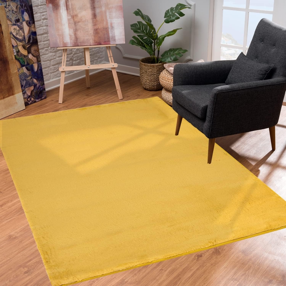 Teppich Wohnzimmer Hochflor - Einfarbig Gelb - 80x150cm - Kuschelig Weich Samtweich - Schlafzimmer Dekoration - Deko Teppiche Bild 1