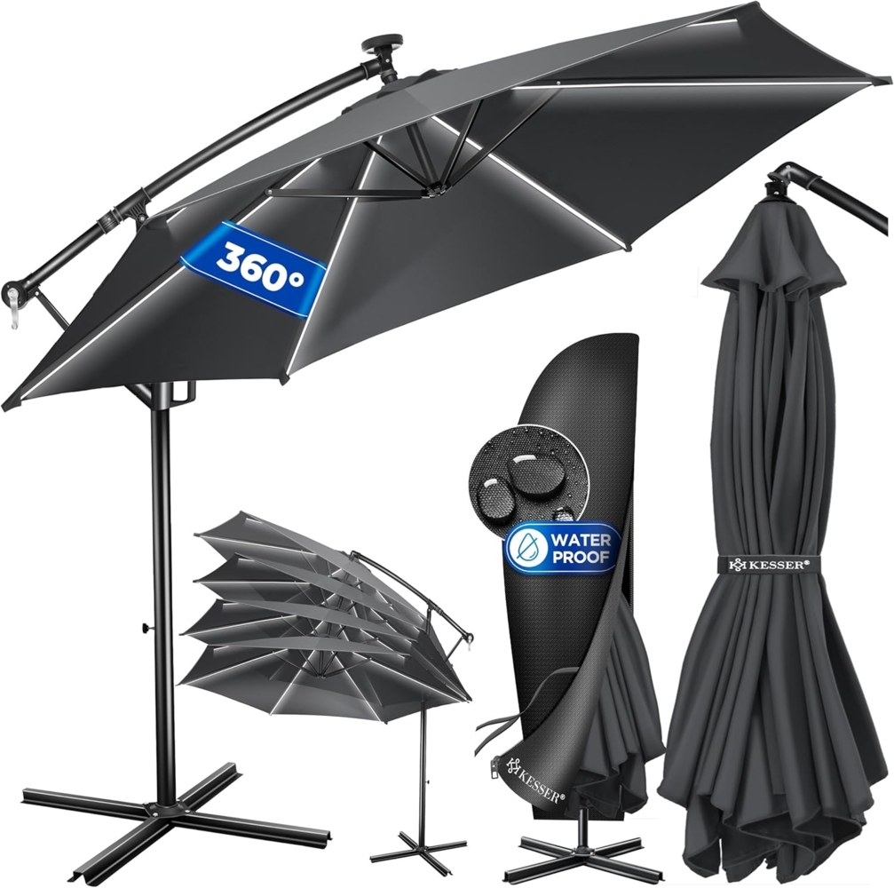 Kesser® Sonnenschirm LED Solar mit Abdeckung, Polyester / Aluminium anthrazit, Ø 350cm Bild 1