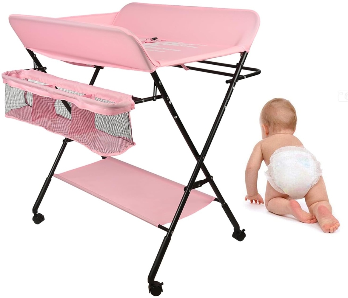 Homewell Baby Wickelkombi Wickelkommode, Mobile Wickeltisch Klappbar, mit Wickelauflage, Sicherheitsgurt, Ablagefächern, süßem Muster und Höhenangabe, Stabil und Bequem (Rosa-Tief) Bild 1