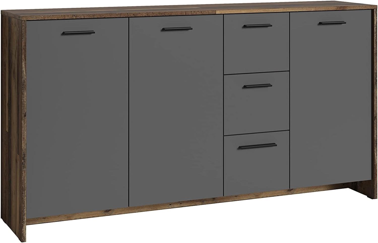 byLIVING Kommode BEN / Sideboard mit 3 Türen und 3 Schubkasten / Schuhschrank in Old Wood-Optik mit Fronten in anthrazit / Schrank in Altholz-Optik / Griffe schwarz / B 153, H 83, T 35 cm Bild 1