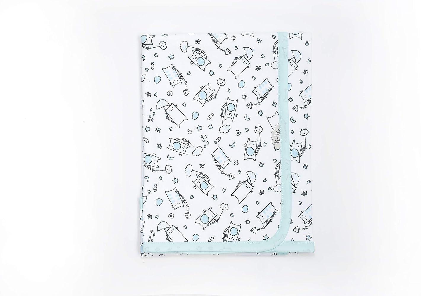 Ti TIN | weiche, saugfähige Babydecke, 80x75 cm | Krabbeldecke aus 100% Baumwolle mit doppellagigen Stoff, Babydecke fürs Auto, Wiege, Kinderwagen, Babyschale, etc, Katzen-Motiv, Turquoise Bild 1