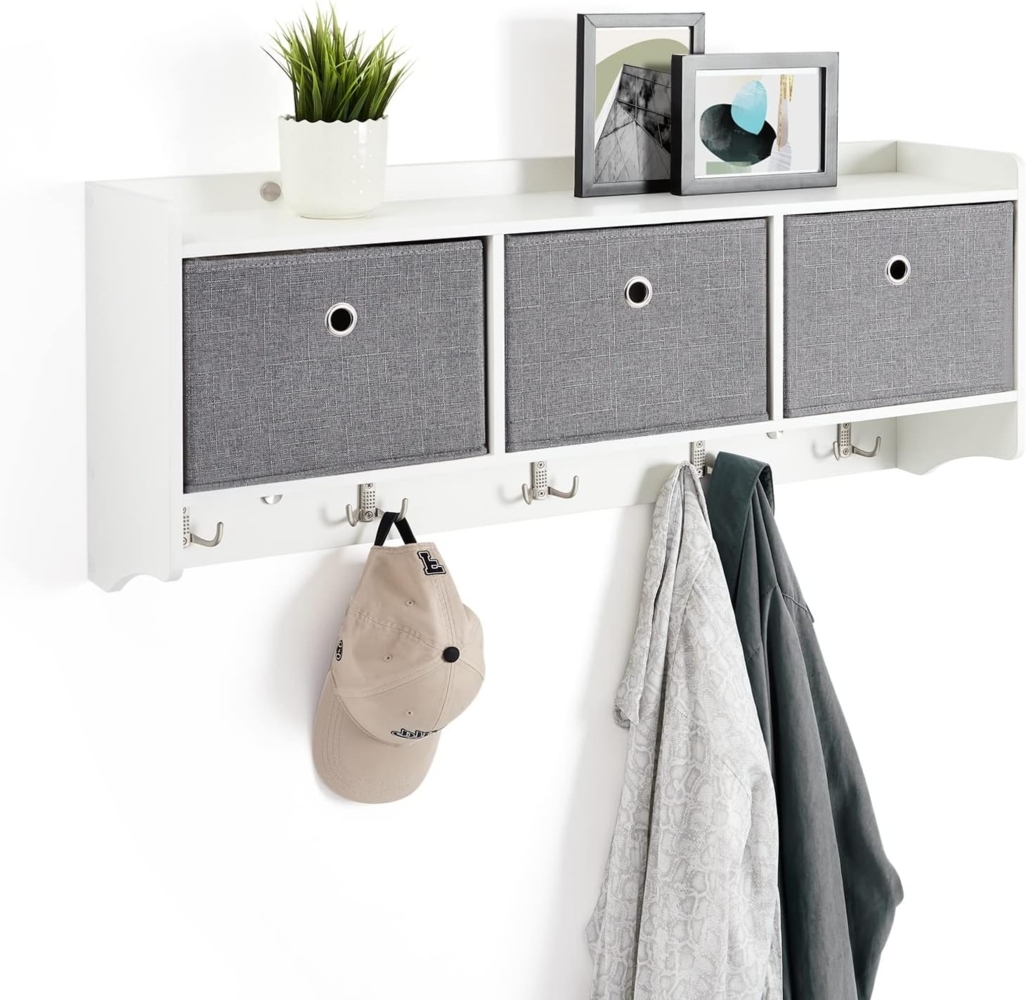 Mondeer Wandgarderobe Wandregal, Hängeregal mit 3 Körben und 5 Haken, Weiß Bild 1