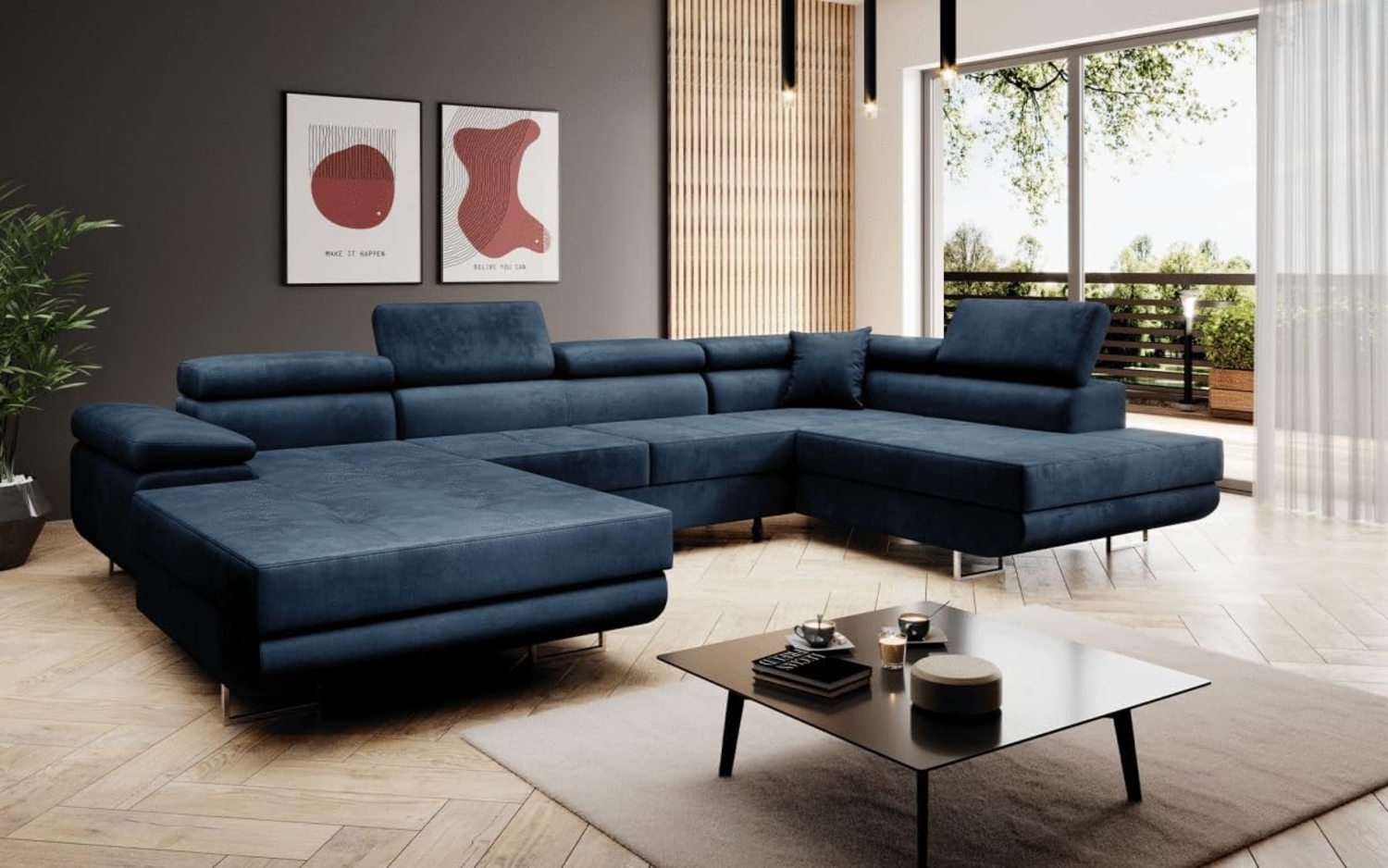 Designer Sofa Lago mit Schlaf - und Klappfunktion Blau Samt Rechts Bild 1