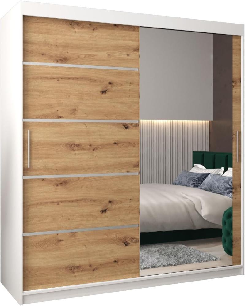 Schwebetürenschrank Verona 2-180 cm mit Spiegel Kleiderschrank mit Kleiderstange und Einlegeboden Schlafzimmer- Wohnzimmerschrank Schiebetüren Modern Design (Weiß + Artisan Eiche) Bild 1