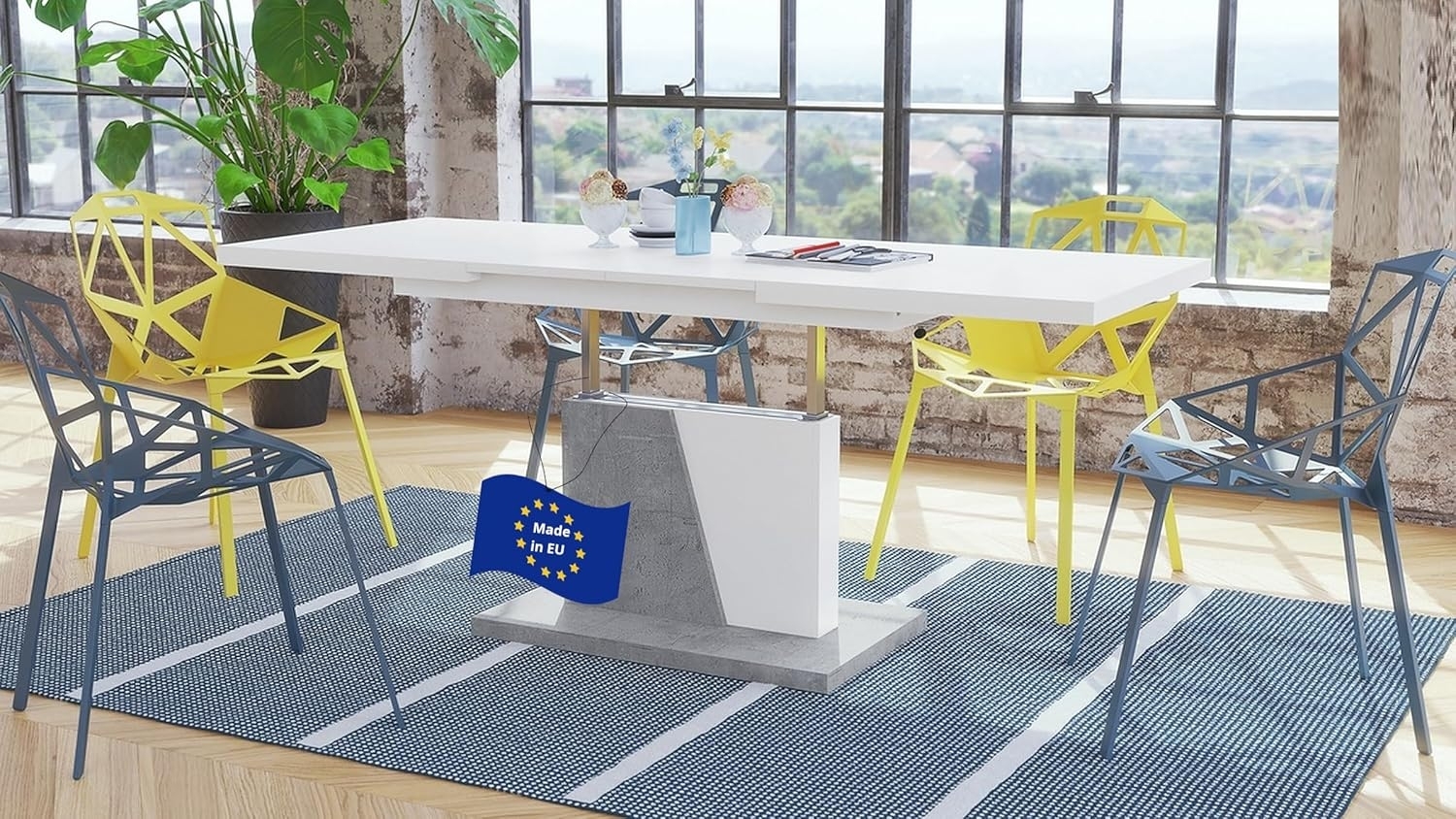 Design Couchtisch Tisch Grand Noir Weiß matt/Beton Betonoptik stufenlos höhenverstellbar ausziehbar 120 bis 180cm Esstisch Bild 1