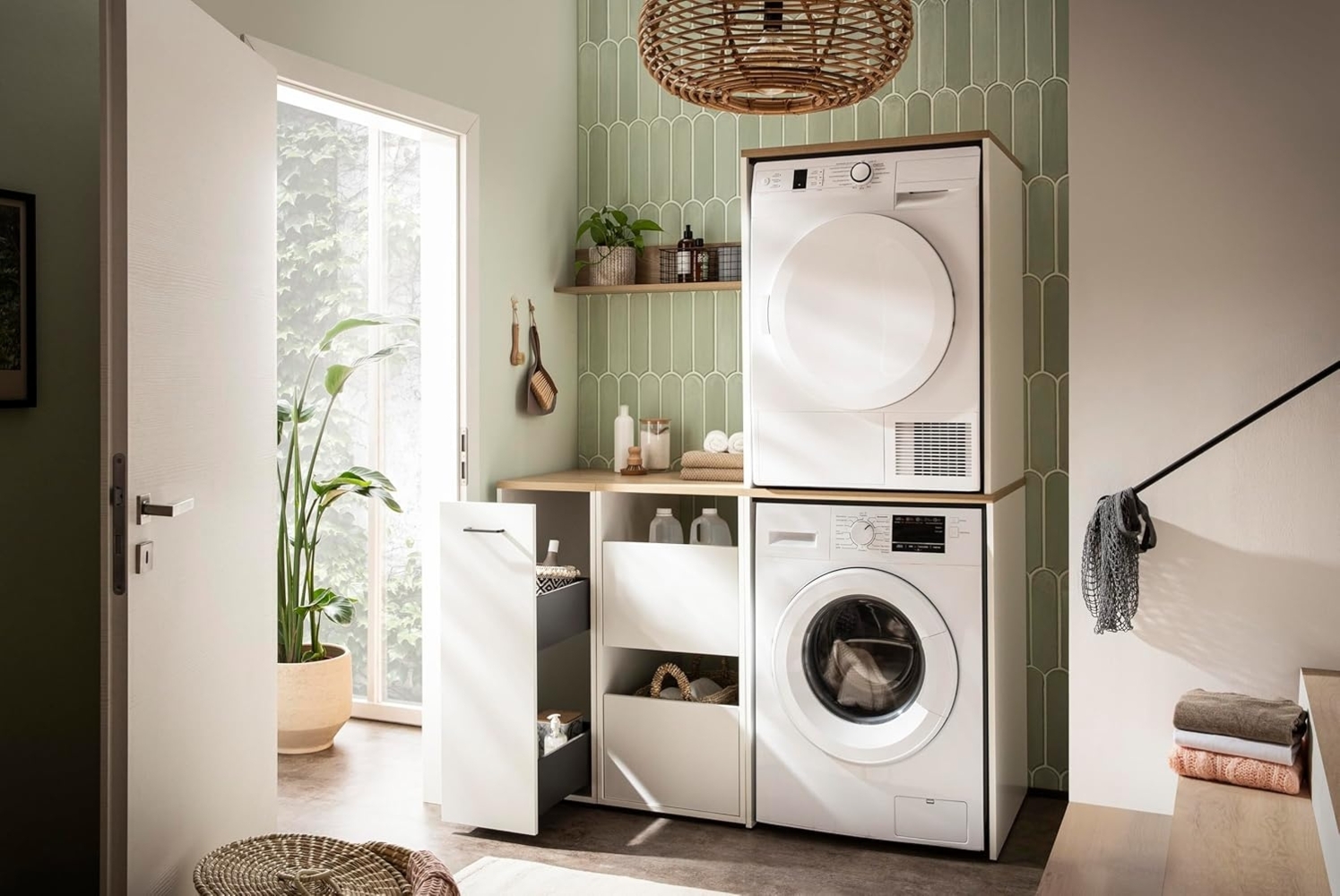 Schildmeyer Möbelset Solea Hauswirtschaftsraum 702068, Waschmaschinenumbau, Apothekerschrank, Mehrzweckschrank, mattweiß Bild 1