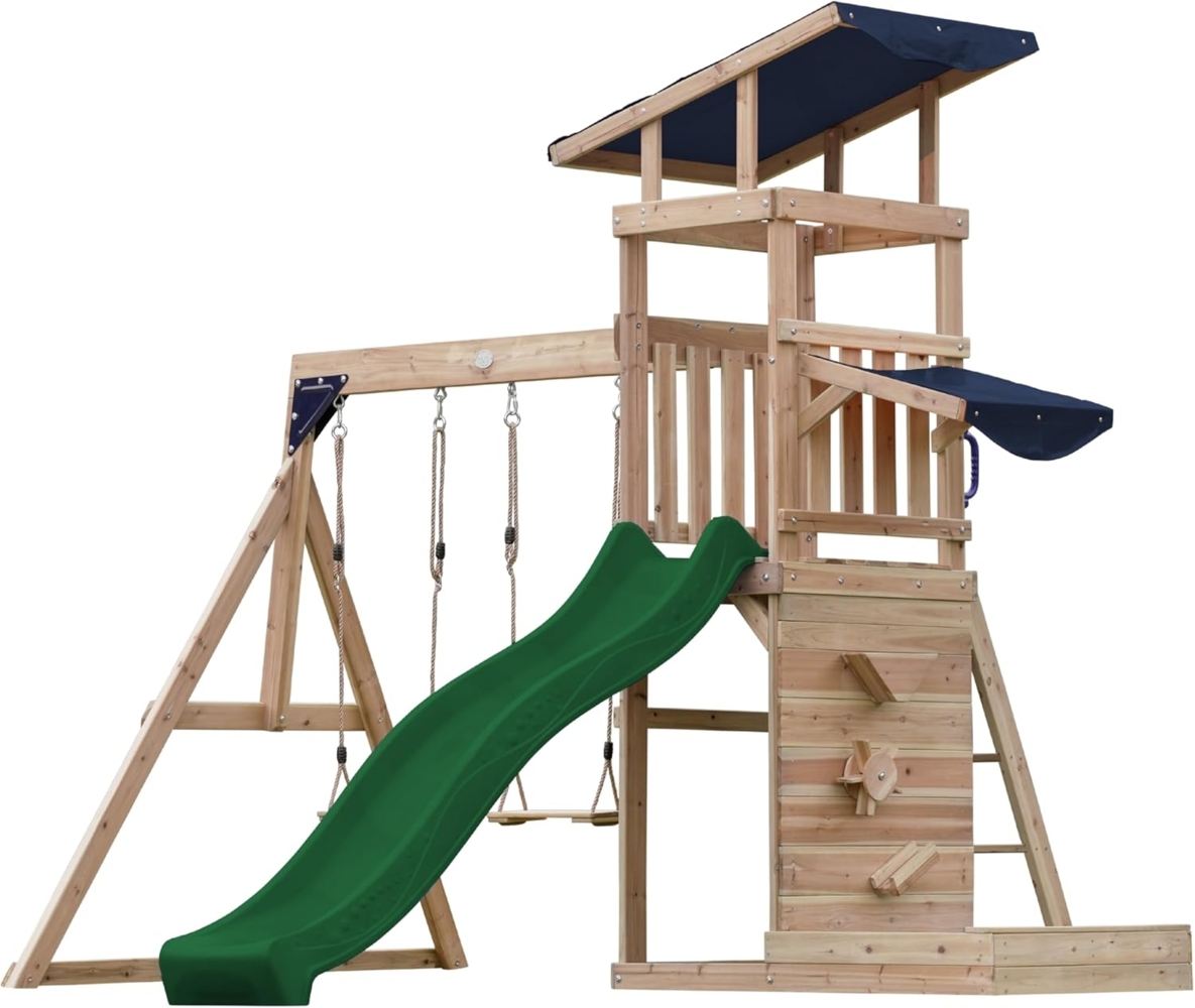 AXI Malik Spielturm aus Holz mit 2 Schaukeln XXL Spielhaus / Spielplatz für Kinder mit Sandkasten, Spielwand & Rutsche in Grün | Braun, Blau | Holz | 336 cm Bild 1