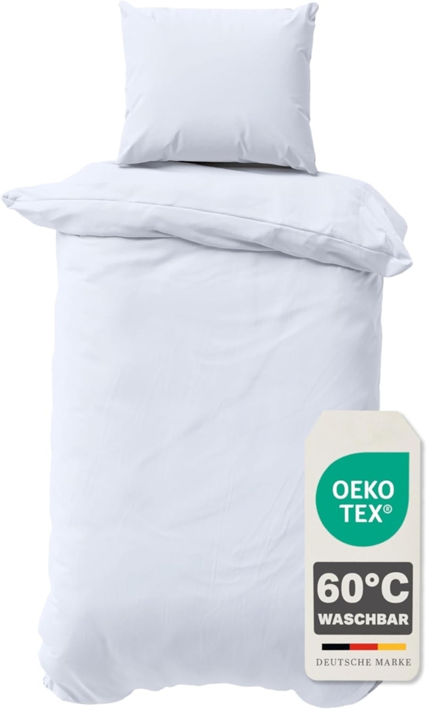 Müskaan - 2 teilig Renforcé Uni Bettwäsche mit Kopfkissen Garnitur, Reißverschluss - für Allergiker geeignet, atmungsaktiv, Weiß, 155x220 / 80x80 cm, 100% Baumwolle Bild 1