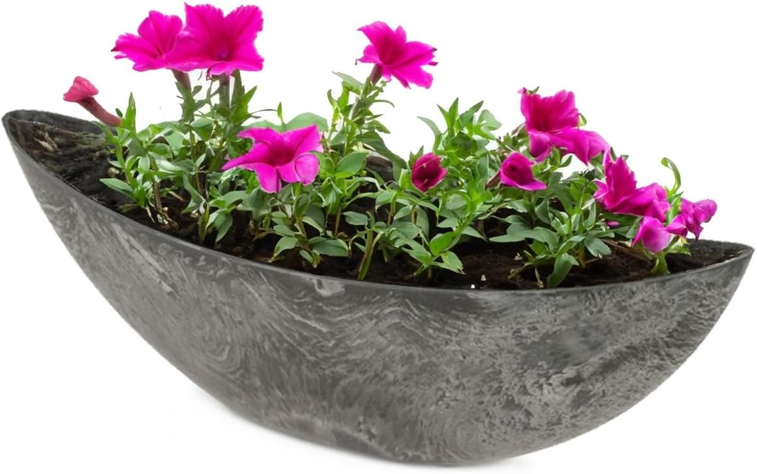 Ovale Pflanzschale für draußen - große Schiff Deko-Schale in schwarzer Stein-Optik als Blumen-Topf Pflanztopf - 55 cm Jardiniere für Garten Balkon oder Friedhof als Grab-Schmuck Bild 1