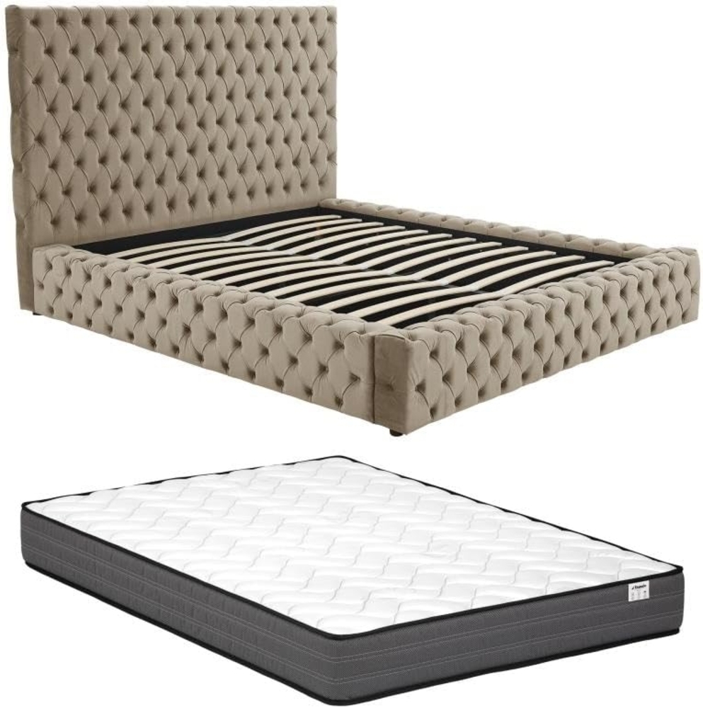 Vente-unique - Chesterfield-Bett mit Bettkasten + Matratze - 180 x 200 cm - Samt - Taupe - DULENI Bild 1