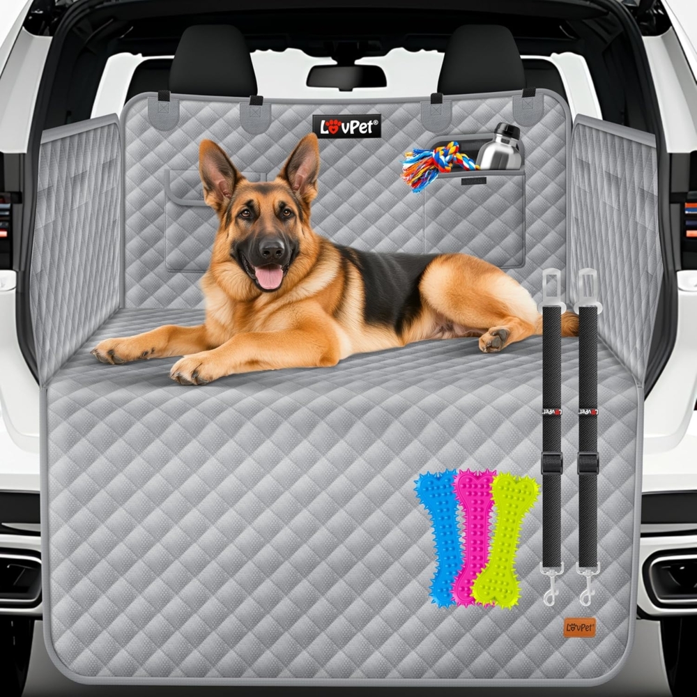 LOVPET® Kofferraumschutz Hund gesteppt mit Seiten- und Ladekantenschutz | Universale Kofferraum-Schutzmatte für Hunde | Hundedecke Wasserabweisend & Kratzfest mit Sicherheitsgurt und Zubehör Grau Bild 1